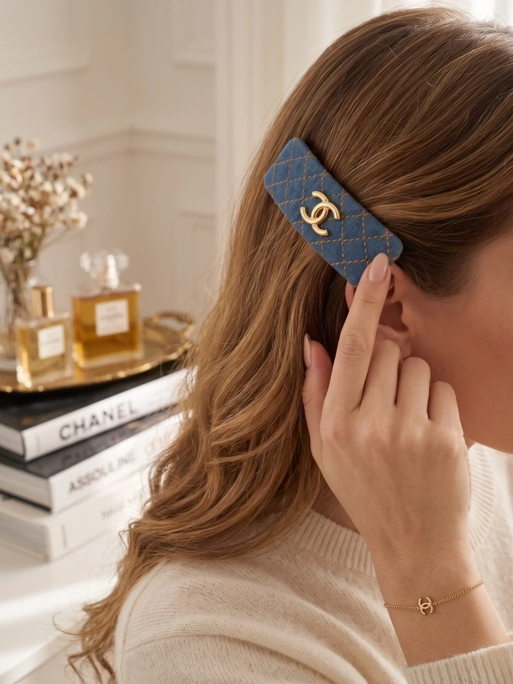 Blue Quilted Denim Barrette with Gold CC Hardware